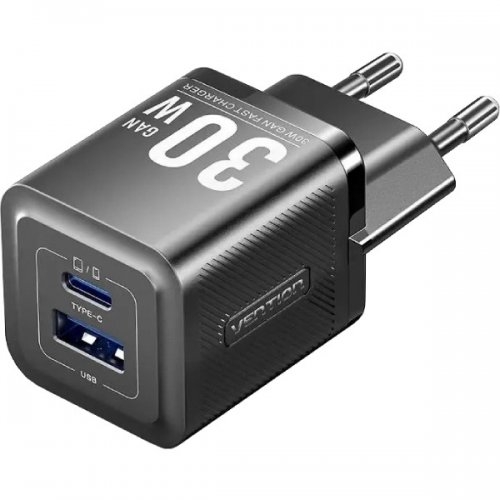 Сетевое зарядное устройство Vention USB + USB Type-C 30W + Cable USB Type-C (TZ-FEQB0-EU-01) Black купить в Украине | Telemart фото