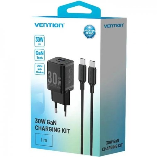 Сетевое зарядное устройство Vention USB + USB Type-C 30W + Cable USB Type-C (TZ-FEQB0-EU-01) Black купить в Украине | Telemart фото
