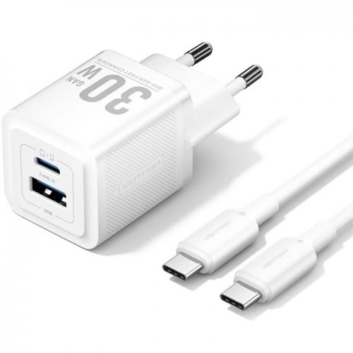 Мережевий зарядний пристрій Vention USB + USB Type-C 30W + Cable USB Type-C (TZ-FEQW0-EU-01) White купити в Україні | Telemart фото