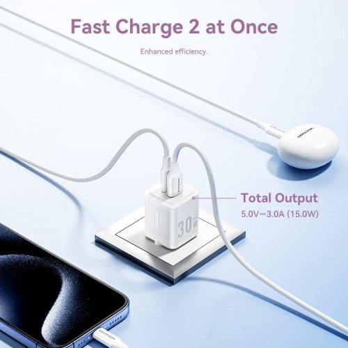 Мережевий зарядний пристрій Vention USB + USB Type-C 30W + Cable USB Type-C (TZ-FEQW0-EU-01) White купити в Україні | Telemart фото