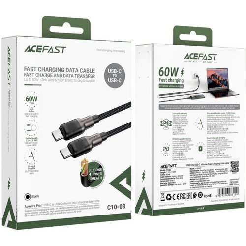 Кабель Acefast C10-03 USB Type-C to USB Type-C 60W 1.2m (6974316283119) Black/Grey купить в Украине | Telemart фото