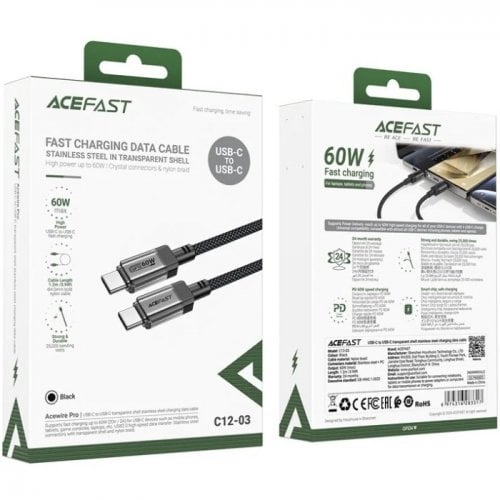 Кабель Acefast C12-03 USB Type-C to USB Type-C 60W 1.2m (6974316283317) Black купить в Украине | Telemart фото