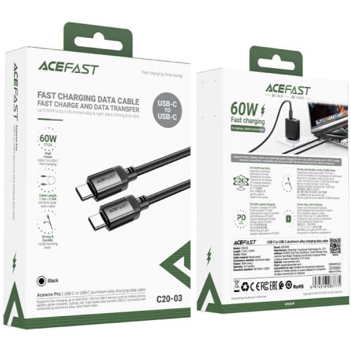 Кабель Acefast C20-03 USB Type-C to USB Type-C 60W 1.2m (6974316283775) Black купить в Украине | Telemart фото