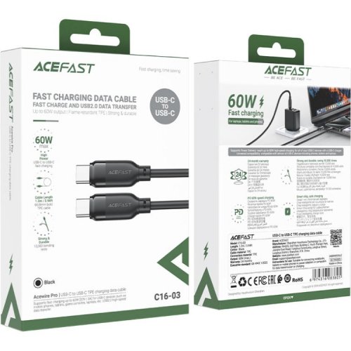 Кабель Acefast C16-03 USB Type-C to USB Type-C 60W 1.2m (6974316283805) Black купить в Украине | Telemart фото