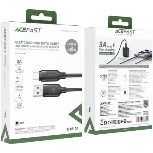 Кабель Acefast C16-04 USB to USB Type-C 60W 1.2m (6974316283812) Black купить в Украине | Telemart фото