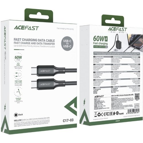 Кабель Acefast C17-03 USB Type-C to USB Type-C 60W 1.2m (6974316284161) Black купить в Украине | Telemart фото