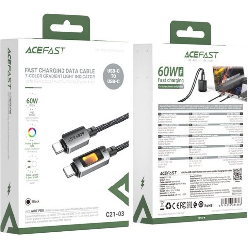 Кабель Acefast C21-03 USB Type-C to USB Type-C 60W 1.2m (6974316284666) Black/Grey купить в Украине | Telemart фото