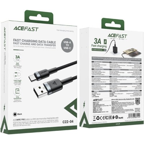 Кабель Acefast C22-04 USB to USB Type-C 60W 1.2m (6974316285144) Black купить в Украине | Telemart фото