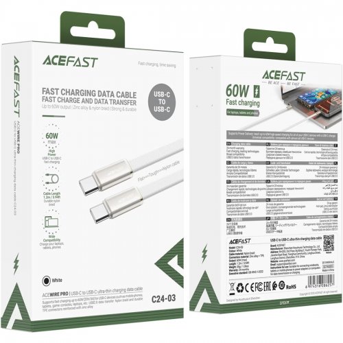 Кабель Acefast C24-03 USB Type-C to USB Type-C 60W 1.2m (6974316286257) White купить в Украине | Telemart фото
