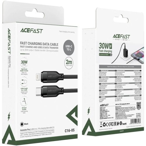 Кабель Acefast C16-05 USB Type-C to Lightning 2m (6974316286288) Black купить в Украине | Telemart фото