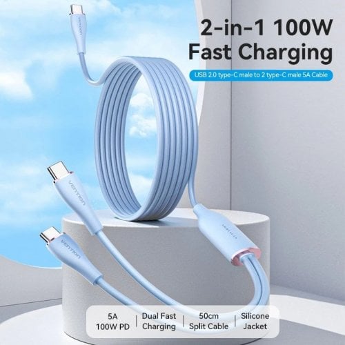 Кабель Vention USB 2.0 Type-C to 2 x USB Type-C 100W 1.5m (CTMSG) Blue купити в Україні | Telemart фото
