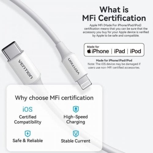 Кабель Vention USB 2.0 Type-C to Lightning 27W 1m (LAKWF) White купить в Украине | Telemart фото