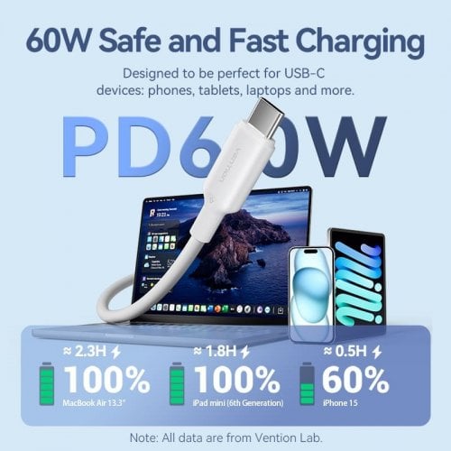 Кабель Vention USB 2.0 Type-C to USB Type-C 60W 1m (TRCWF) White купить в Украине | Telemart фото