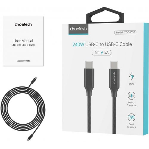 Кабель Choetech USB 3.1 Type-C to USB Type-C 240W 1.2m (XCC-1035) Black купити в Україні | Telemart фото