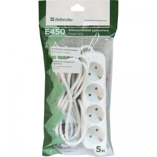 Сетевой удлинитель Defender E450 5 м 4 розетки (992270) White купить в Украине | Telemart фото