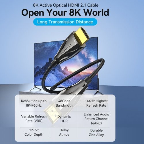 Кабель оптический (AOC) Vention Optical HDMI to HDMI V2.1 8K 15m (ALBBN) Black купить в Украине | Telemart фото