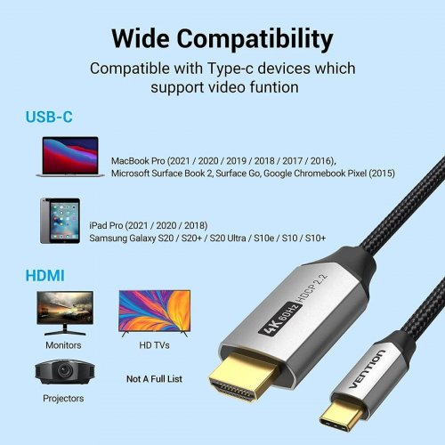 Кабель Vention USB Type-C to HDMI V2.0 4K 2m (CRBBH) Black купить в Украине | Telemart фото