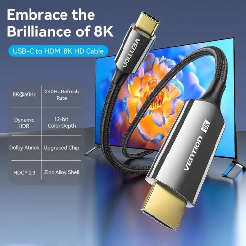 Кабель Vention USB Type-C to HDMI V2.0 8K 1.8m (CRCBAC) Black купить в Украине | Telemart фото
