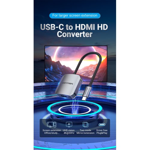 Переходник Vention USB Type-C to HDMI 4K 0.15m (TDEHB) Gray купить в Украине | Telemart фото