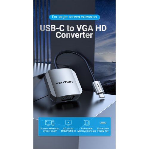 Переходник Vention USB Type-C to VGA 1080P 0.15m (TDFHB) Gray купить в Украине | Telemart фото