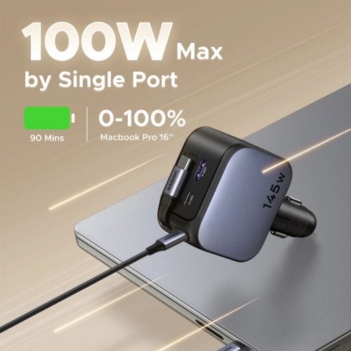 Уценка автомобильное зарядное устройство Ugreen EC604 USB + 2 x USB Type-C with Retractable Cable 145W (55910B) Black (Вскрытая упаковка, 917072) купить в Украине | Telemart фото