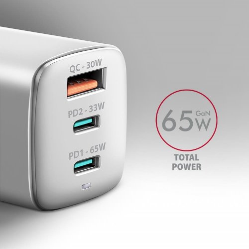 Мережевий зарядний пристрій AXAGON GaN USB + 2 x USB Type-C 65W (ACU-DPQ65W) White купити в Україні | Telemart фото