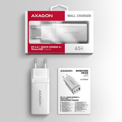 Мережевий зарядний пристрій AXAGON GaN USB + 2 x USB Type-C 65W (ACU-DPQ65W) White купити в Україні | Telemart фото