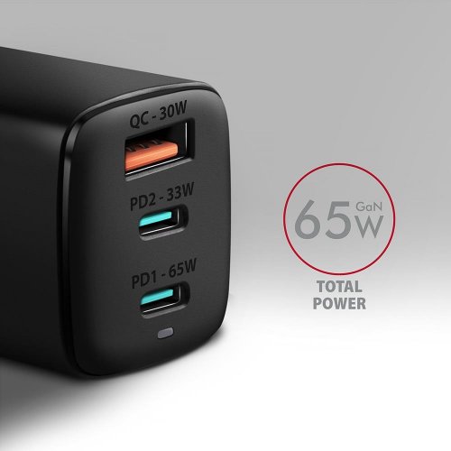 Мережевий зарядний пристрій AXAGON GaN USB + 2 x USB Type-C 65W (ACU-DPQ65) Black купити в Україні | Telemart фото