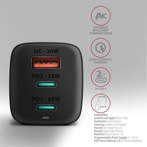 Мережевий зарядний пристрій AXAGON GaN USB + 2 x USB Type-C 65W (ACU-DPQ65) Black купити в Україні | Telemart фото