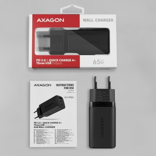Мережевий зарядний пристрій AXAGON GaN USB + 2 x USB Type-C 65W (ACU-DPQ65) Black купити в Україні | Telemart фото