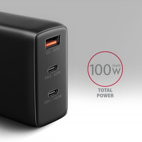 Мережевий зарядний пристрій AXAGON GaN USB + 2 x USB Type-C 100W (ACU-DPQ100) Black купити в Україні | Telemart фото