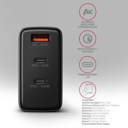 Мережевий зарядний пристрій AXAGON GaN USB + 2 x USB Type-C 100W (ACU-DPQ100) Black купити в Україні | Telemart фото