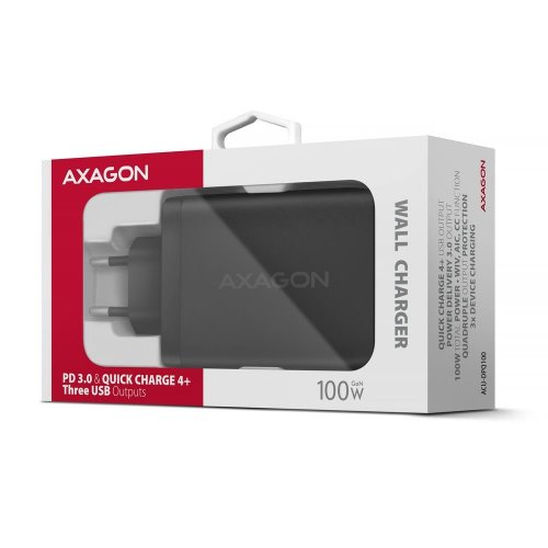 Мережевий зарядний пристрій AXAGON GaN USB + 2 x USB Type-C 100W (ACU-DPQ100) Black купити в Україні | Telemart фото
