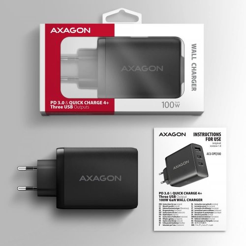 Мережевий зарядний пристрій AXAGON GaN USB + 2 x USB Type-C 100W (ACU-DPQ100) Black купити в Україні | Telemart фото