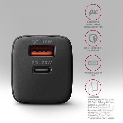 Мережевий зарядний пристрій AXAGON USB + USB Type-C 20W (ACU-PQ20) Black купити в Україні | Telemart фото