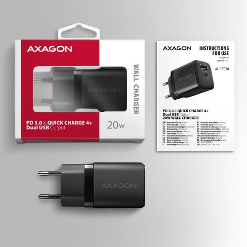Мережевий зарядний пристрій AXAGON USB + USB Type-C 20W (ACU-PQ20) Black купити в Україні | Telemart фото