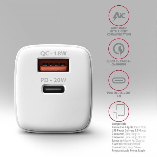 Мережевий зарядний пристрій AXAGON USB + USB Type-C 20W (ACU-PQ20W) White купити в Україні | Telemart фото