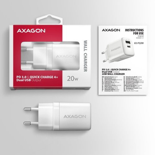 Мережевий зарядний пристрій AXAGON USB + USB Type-C 20W (ACU-PQ20W) White купити в Україні | Telemart фото