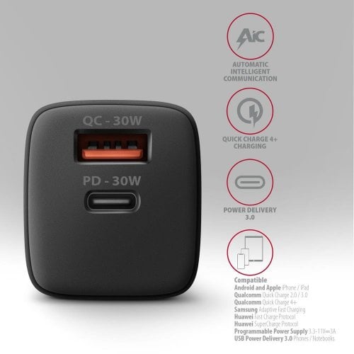 Сетевое зарядное устройство AXAGON USB + USB Type-C 30W (ACU-PQ30) Black купить в Украине | Telemart фото
