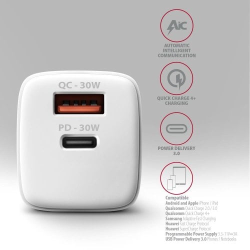 Мережевий зарядний пристрій AXAGON USB + USB Type-C 30W (ACU-PQ30W) White купити в Україні | Telemart фото