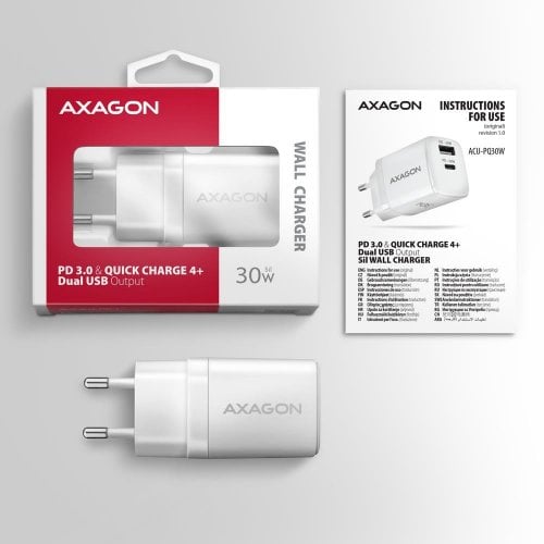 Мережевий зарядний пристрій AXAGON USB + USB Type-C 30W (ACU-PQ30W) White купити в Україні | Telemart фото