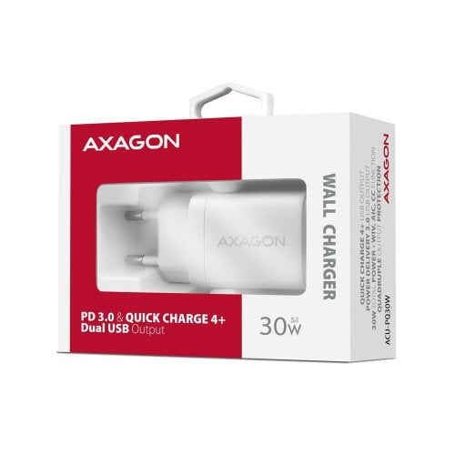 Мережевий зарядний пристрій AXAGON USB + USB Type-C 30W (ACU-PQ30W) White купити в Україні | Telemart фото