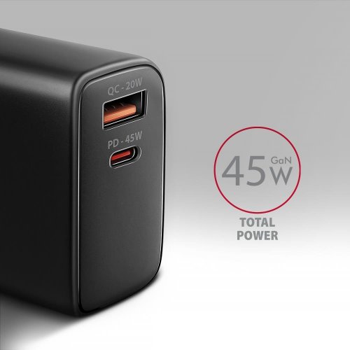 Мережевий зарядний пристрій AXAGON GaN USB + USB Type-C 45W (ACU-PQ45) Black купити в Україні | Telemart фото