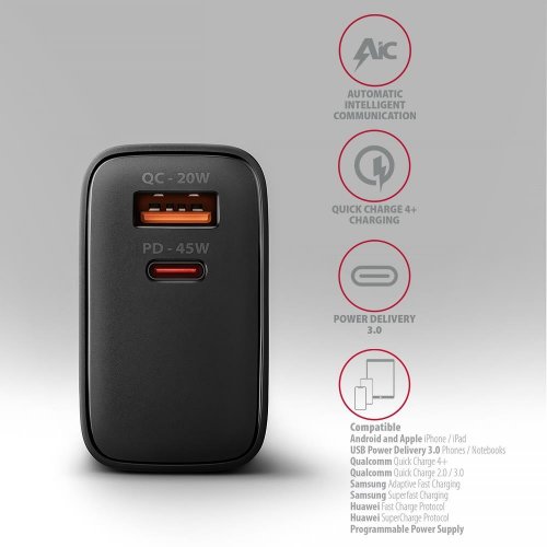 Мережевий зарядний пристрій AXAGON GaN USB + USB Type-C 45W (ACU-PQ45) Black купити в Україні | Telemart фото