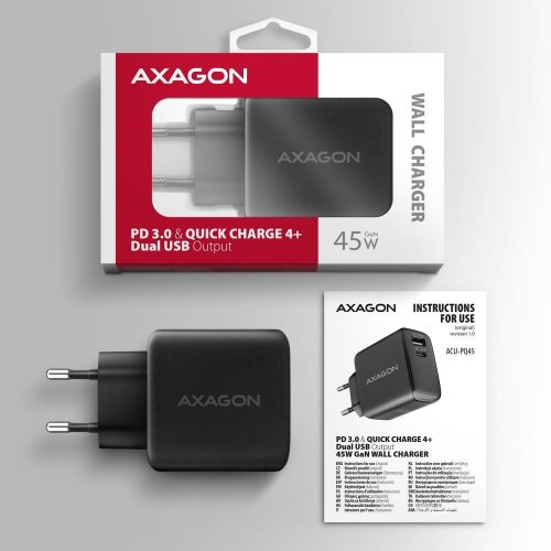 Мережевий зарядний пристрій AXAGON GaN USB + USB Type-C 45W (ACU-PQ45) Black купити в Україні | Telemart фото