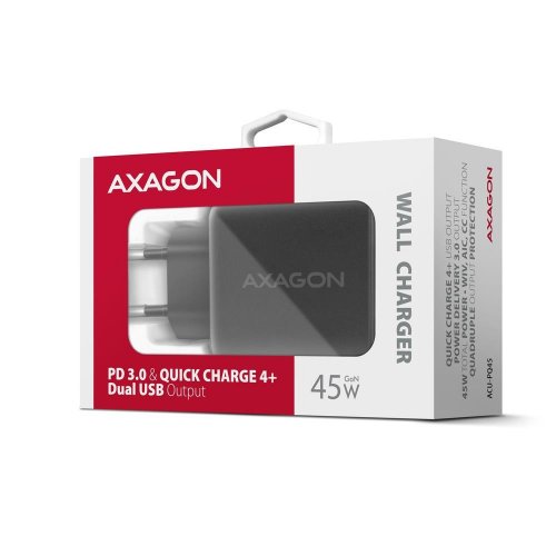 Мережевий зарядний пристрій AXAGON GaN USB + USB Type-C 45W (ACU-PQ45) Black купити в Україні | Telemart фото