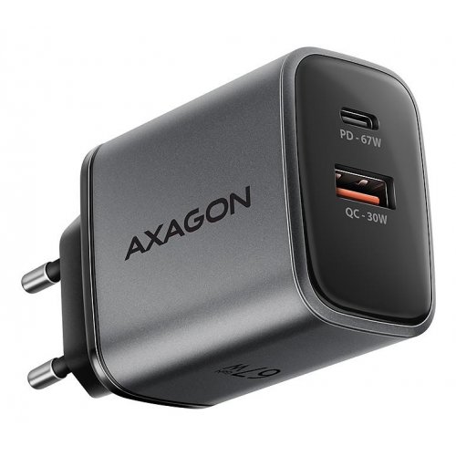 Мережевий зарядний пристрій AXAGON GaN USB + USB Type-C 67W (ACU-PQ67) Black/Grey купити в Україні | Telemart фото