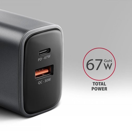Мережевий зарядний пристрій AXAGON GaN USB + USB Type-C 67W (ACU-PQ67) Black/Grey купити в Україні | Telemart фото