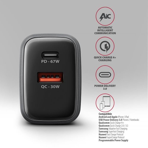 Мережевий зарядний пристрій AXAGON GaN USB + USB Type-C 67W (ACU-PQ67) Black/Grey купити в Україні | Telemart фото