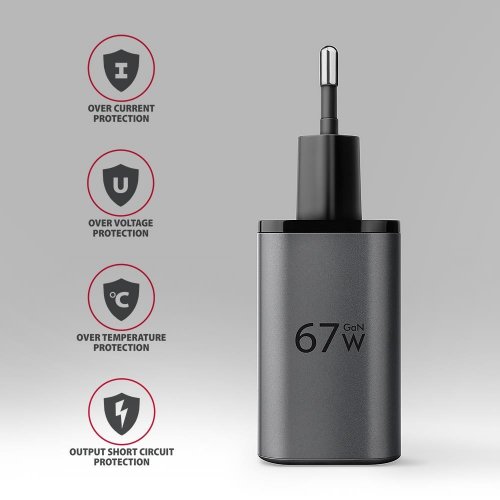 Мережевий зарядний пристрій AXAGON GaN USB + USB Type-C 67W (ACU-PQ67) Black/Grey купити в Україні | Telemart фото